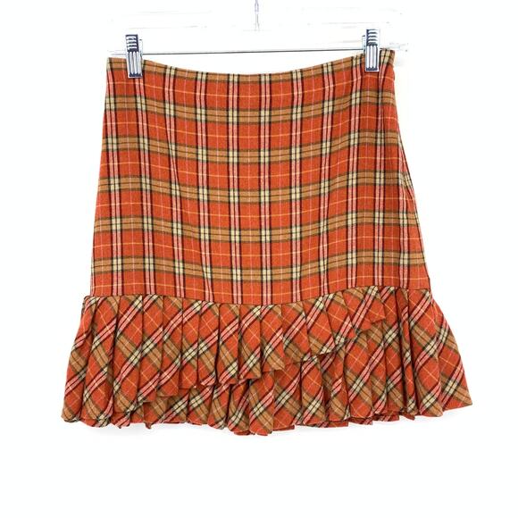 VTG 90s LOFT Mini Skirt Womens Size 25" US 0P Orange Plaid Wool Blend Ruffle Hem - Picture 1 of 5